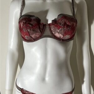 NWT La Perla Brown Silk W/ Floral Red Lace Push Up Bra & Thing Set IT 3 US 36C